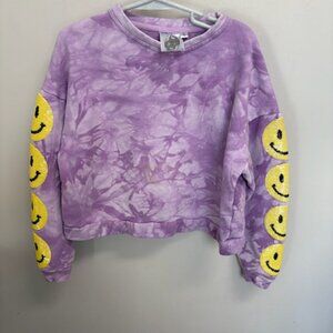 Queen of Sparkles SMILEY SEQUIN SLEEVE PURPLE TIE DYE CREWNECK CROPPED sz Small